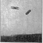 Orville Wright, on a demonstration flight from Fort Myers, rounds a target balloon over Shooters Hill, 1909