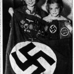 Jean and Janice Cox of the 100 block of East Spring Street display their father's war trophies, 1945