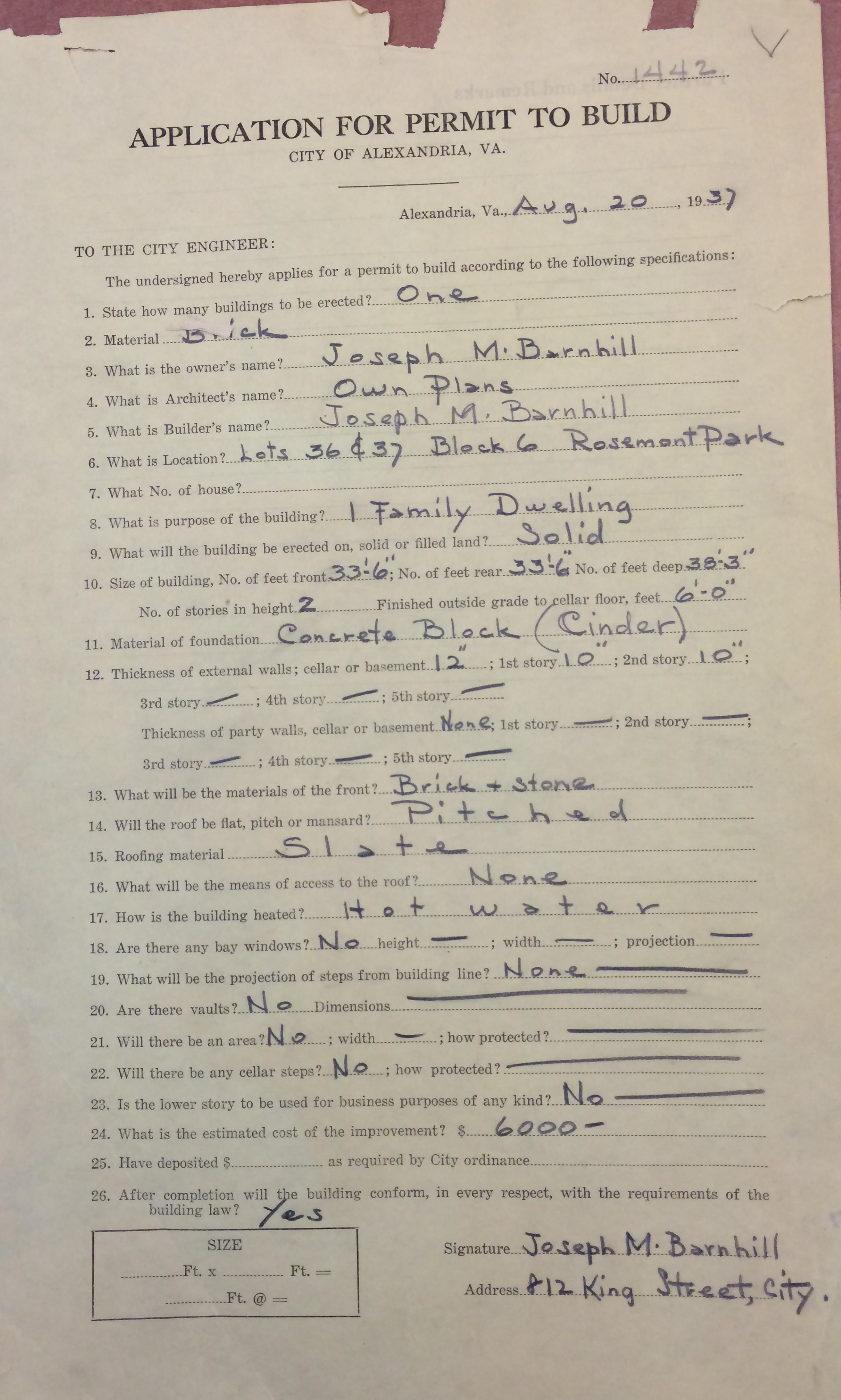 15 East Myrtle Street Building Permit, 1937