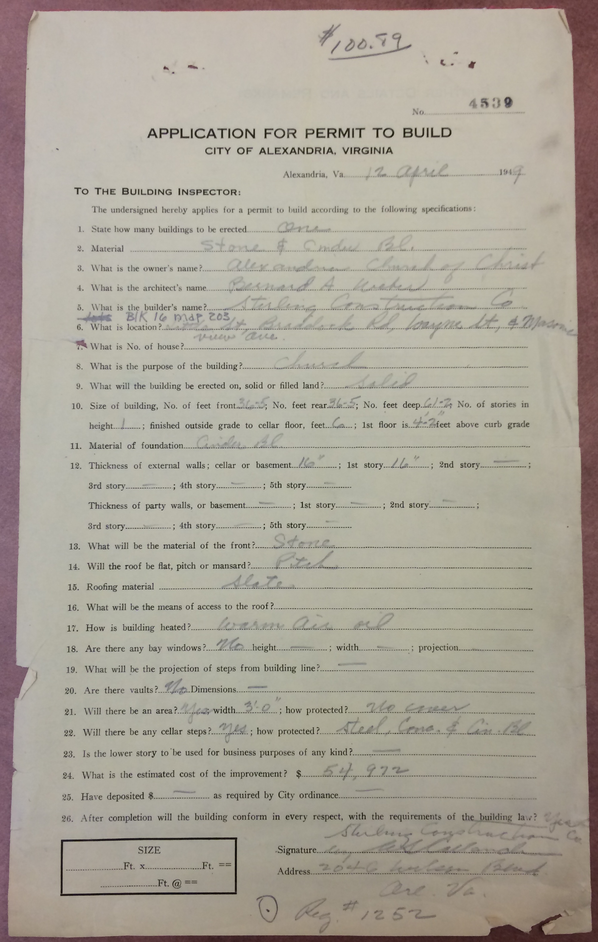 Alexandria Church of Christ Permit, 1949